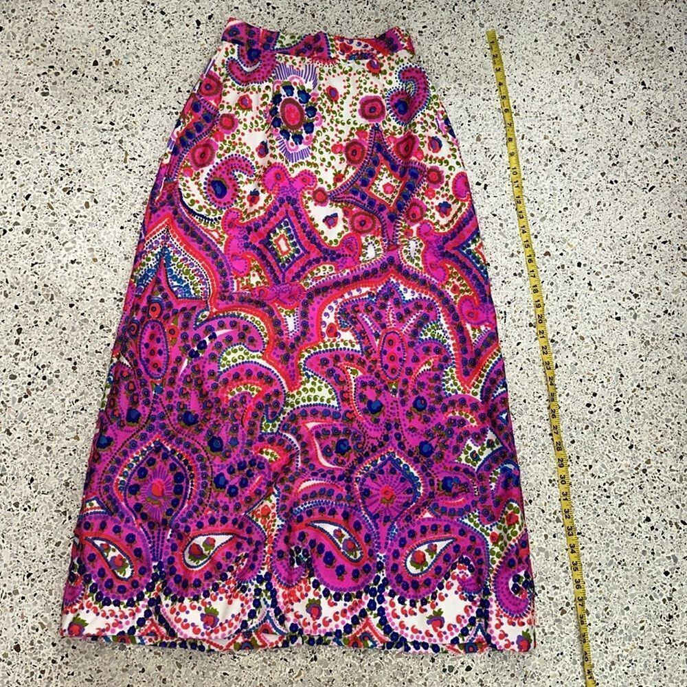 Vintage retro maxi skirt pink green blue print small s 60’s